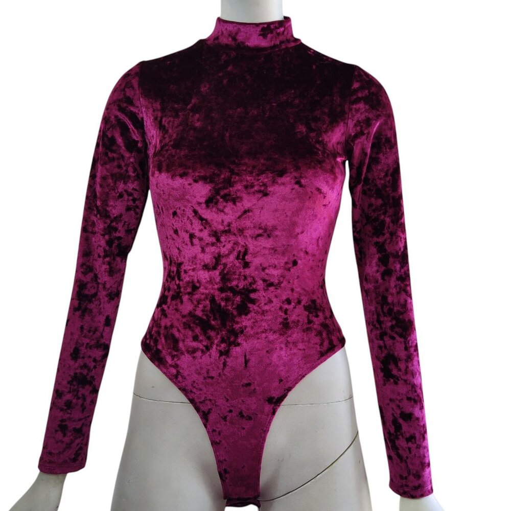Bozzolo Glam Goth Crimson Crushed Velvet Mock Neck Stretch Bodysuit Sz S